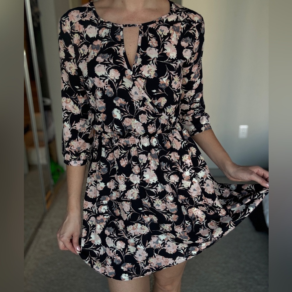 Lush Black and Pink Floral Long Sleeve Dress